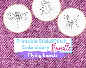 12種類の飛行昆虫刺繍パターンセット（印刷可能） – 手刺繍デザイン、初心者向けPDFテンプレート、すぐにダウンロード可能