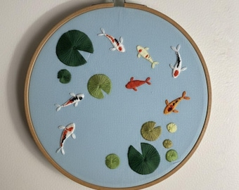 鯉の刺繍パターンPDF – 魚の池の手刺繍デザイン – 日本の睡蓮の葉アート – 初心者向けDIY印刷ダウンロード