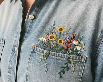 ジーンズ用花柄刺繍パターン20種類以上、手刺繍デザイン、初心者向けPDFテンプレート、すぐにダウンロードできるデジタル版