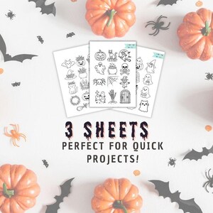 May include: Three sheets of Halloween-themed stickers with various spooky illustrations, including pumpkins, bats, spiders, and ghosts. The text reads "3 SHEETS PERFECT FOR QUICK PROJECTS!" Orange pumpkins and black bats and spiders are scattered around the sheets.