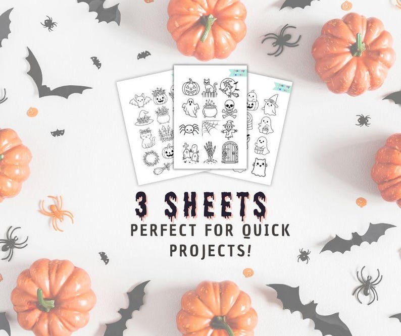 May include: Three sheets of Halloween-themed stickers with various spooky illustrations, including pumpkins, bats, spiders, and ghosts. The text reads "3 SHEETS PERFECT FOR QUICK PROJECTS!" Orange pumpkins and black bats and spiders are scattered around the sheets.