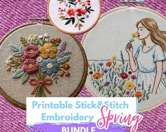 春の刺繍パターン集（PDF） – 花柄の手刺繍パターン、初心者向け、植物デザイン、即時ダウンロード