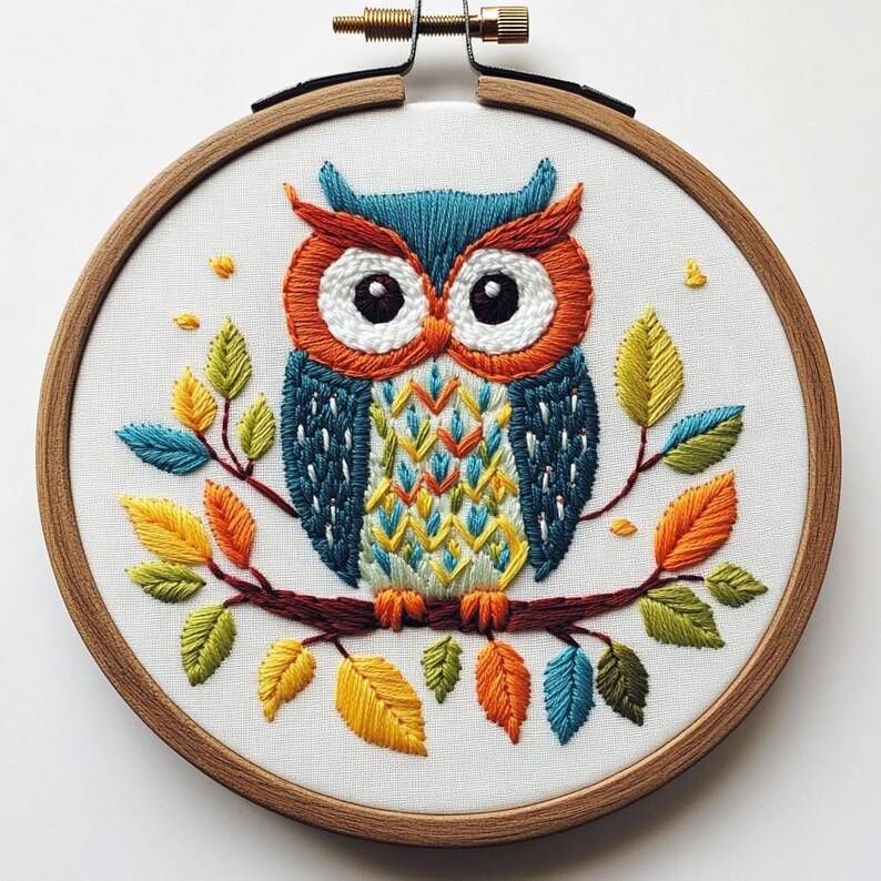 May include: A colorful owl embroidery on white fabric, set in a wooden hoop. The owl features blue, orange, and white details, perched on a branch with embroidered leaves in shades of yellow, orange, and blue. A handcrafted piece.