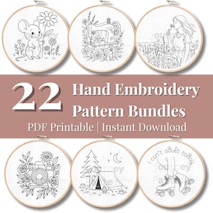 Pode incluir: Seis bastidores de bordado com desenhos de arte linear em preto e branco. Os desenhos incluem um rato com uma flor, uma máquina de costura, uma mulher num campo, uma câmara, uma tenda e patins. O texto diz "22 Hand Embroidery Pattern Bundles PDF Printable | Instant Download."