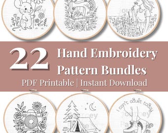20種類以上の刺繍パターン集 - 印刷可能な猫と花のデザイン、女性らしい手刺繍のPDFテンプレート、初心者向けですぐにダウンロード可能