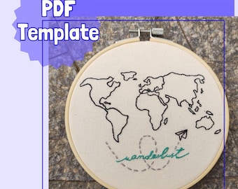 世界地図の刺繍パターン PDF – 初心者向け DIY 旅行テンプレート – 印刷可能なデジタルダウンロード