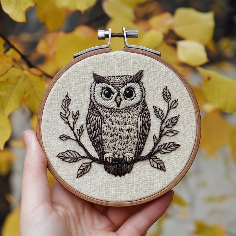 May include: A hand-stitched embroidery hoop featuring a detailed owl design. The owl is perched on a branch with leaves, all rendered in shades of brown and beige. The embroidery is set in a wooden hoop, creating a rustic, handcrafted aesthetic.