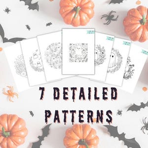 May include: Seven detailed Halloween-themed patterns are displayed on white cards, surrounded by pumpkins, bats, and spiders. The cards feature line art illustrations of ghosts and botanical elements. The text "7 DETAILED PATTERNS" is below the cards.
