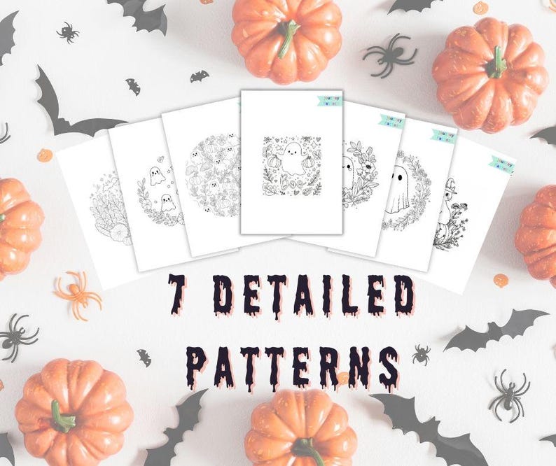 May include: Seven detailed Halloween-themed patterns are displayed on white cards, surrounded by pumpkins, bats, and spiders. The cards feature line art illustrations of ghosts and botanical elements. The text "7 DETAILED PATTERNS" is below the cards.