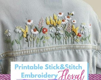 刺繍デニムジャケットバックデジタルパターンセット、DIY手刺繍デザイン、花柄ファイル2枚、10.5インチインスタントダウンロード、ハンドメイドスタイル