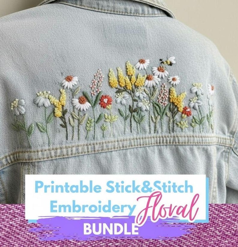 刺繍デニムジャケットバックデジタルパターンセット、DIY手刺繍デザイン、花柄ファイル2枚、10.5インチインスタントダウンロード、ハンドメイドスタイル 画像 1