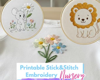 保育園と自然：25種類以上のベビー刺繍パターンセット｜印刷可能な、剥がして貼るだけの手刺繍デザイン｜デジタルダウンロードのみ