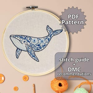 May include: An embroidery hoop with a whale design. The whale is blue with floral and swirl patterns. The text "PDF Pattern" is in a starburst shape. The text "stitch guide + DMC recommendations" is in a rectangle.