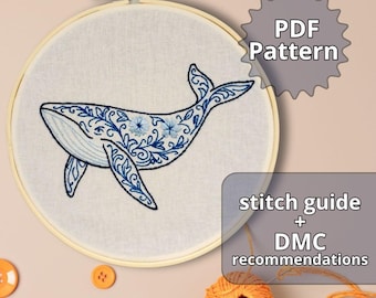 シロナガスクジラの花柄手刺繍パターン - アラベスクモチーフのPDF手刺繍デザイン + ステッチガイド & DMCカラーチャート