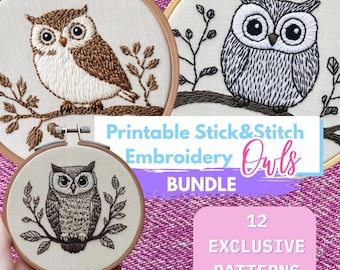 フクロウの刺繍パターンセット – 12種類の手刺繍動物デザイン、印刷可能なスティック＆ステッチテンプレート、デジタルPDFダウンロード