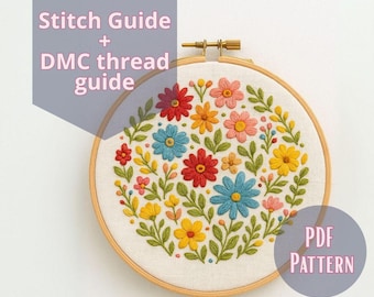 花の手刺繍パターン PDF – 英語、フランス語、ポルトガル語の説明書と DMC 糸ガイド付きのデジタルダウンロード