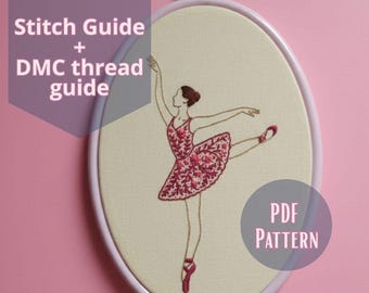 フローラルバレリーナ刺繍パターンPDF | モダンフラワーダンスデザイン | 手刺繍ステッチガイド＆DMCカラーチャート | すぐにダウンロード