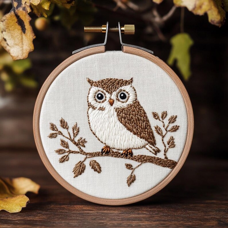 May include: A detailed embroidery of an owl perched on a branch, set within a wooden embroidery hoop. The owl features brown and white thread, with a detailed depiction of feathers and large eyes. The branch and leaves are also embroidered in brown.
