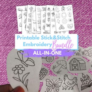 Pode incluir: Uma coleção de pacotes de bordado imprimíveis para colar e costurar. A imagem mostra vários desenhos, incluindo flores, borboletas, cogumelos e motivos celestes. O texto na imagem diz "Printable Stick & Stitch Embroidery Bundle ALL-IN-ONE."