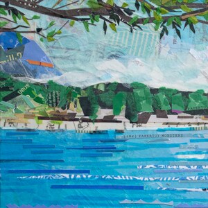 May include: A collage of paper scraps and textures depicting a landscape with a blue sky, green trees, and a blue body of water. The text "(182) PAPERTOY MONSTERS" is visible at the bottom of the image.