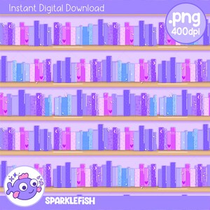 May include: A digital illustration of a bookshelf filled with books in shades of purple, pink, and blue. The image includes the text "Instant Digital Download" and "Sparklefish". The books are arranged on wooden shelves.