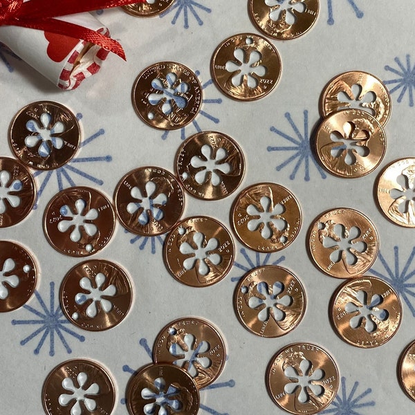 CHARITY lucky penny cut out SNOWFLAKE penny 50+ keepsake penny Christmas winter wedding favors Memorial engagement Handcrafted With Love