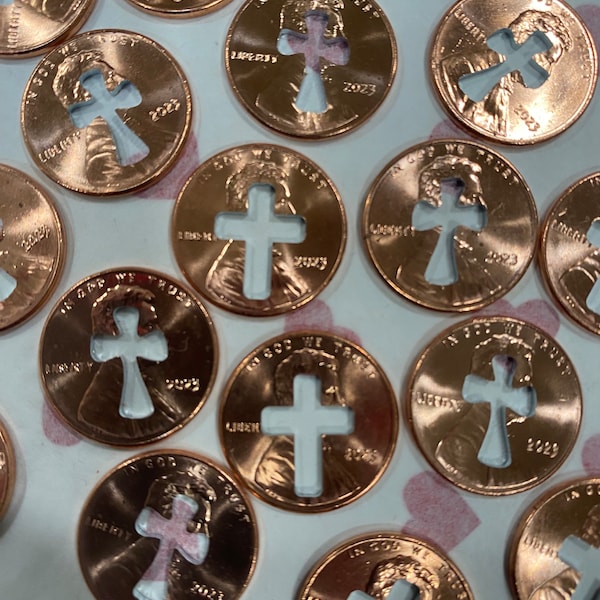 CHARITY 2024 CROSS penny cutout 50+ keepsake penny Memorial Baptism birth announcement keyring charm pocket charm Crafted With Love