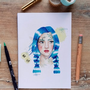 Libreta ilustrada, ilustración de acuarela, bullet journal, papel reciclado, hojas punteadas, A5, lomo cosido