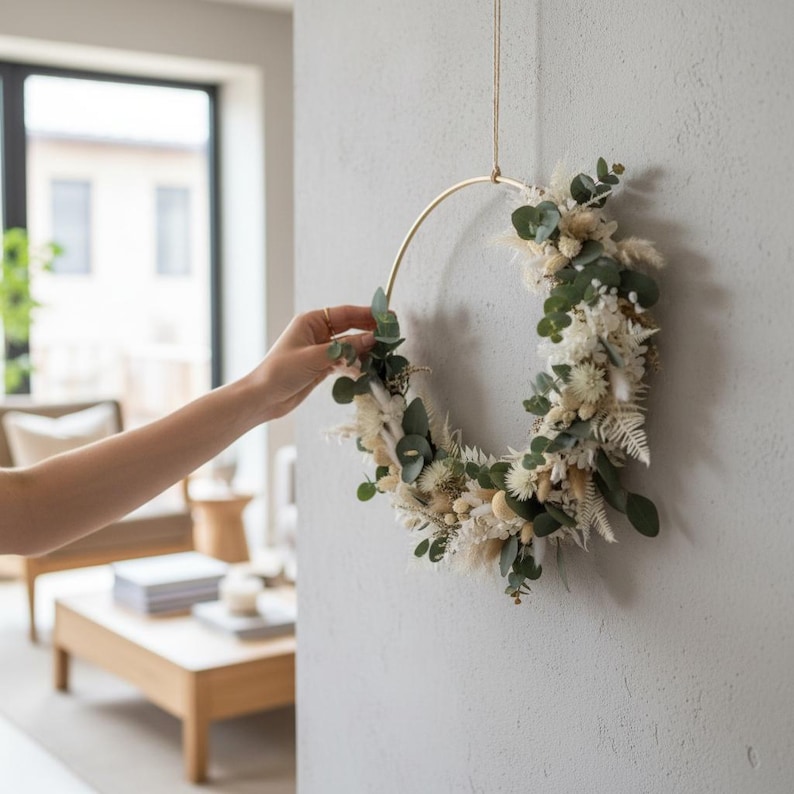 Trockenblumenkranz DIY, Trockenblumenkranz selbst gestalten, haltbarer Türkranz, Trockenblumenkranz bunt, Bambusring Kranz, ganzjähriger Kranz für Haustür, jahreszeitlicher Kranz, Kranz aus Trockenblumen, Geschenkset DIY Kranz, Kranz selbst binden