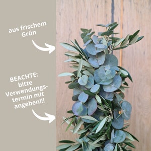 frische Tischgirlande, Brautgirlande, Autoschmuck Girlande grün, Autogirlande, Blumenschmuck für Tisch Eukalyptus und Olive, gebundene Hochzeitgirlande, Girlande Traubogen, frisch gebundene Girlande, Tischgesteck Hochzeit, Girlande freie Trauung
