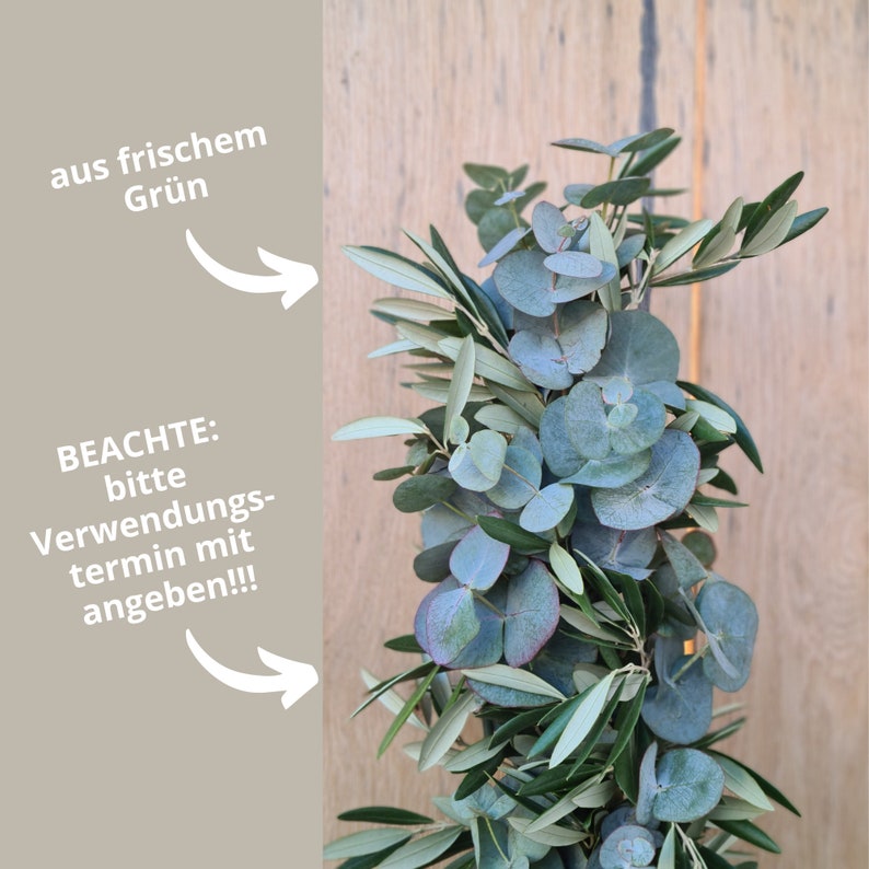 frische Tischgirlande, Brautgirlande, Autoschmuck Girlande grün, Autogirlande, Blumenschmuck für Tisch Eukalyptus und Olive, gebundene Hochzeitgirlande, Girlande Traubogen, frisch gebundene Girlande, Tischgesteck Hochzeit, Girlande freie Trauung