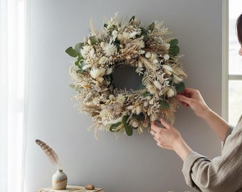 Handmade dried flower wreath "white" – Durable door wreath – Decorative wreath 40 cm – opulent flower wreath wall decoration – Door decoration durable