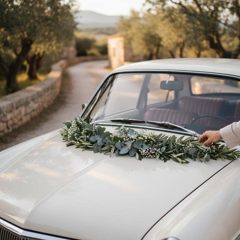 frische Tischgirlande, Brautgirlande, Autoschmuck Girlande grün, Autogirlande, Blumenschmuck für Tisch Eukalyptus und Olive, gebundene Hochzeitgirlande, Girlande Traubogen, frisch gebundene Girlande, Tischgesteck Hochzeit, Girlande freie Trauung