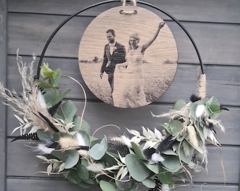 Personalisierter Trockenblumenkranz mit Fotogravur / Bild Holz / Trockenblumenhoop / Fotodruck / Geschenk individuell, personalisiert