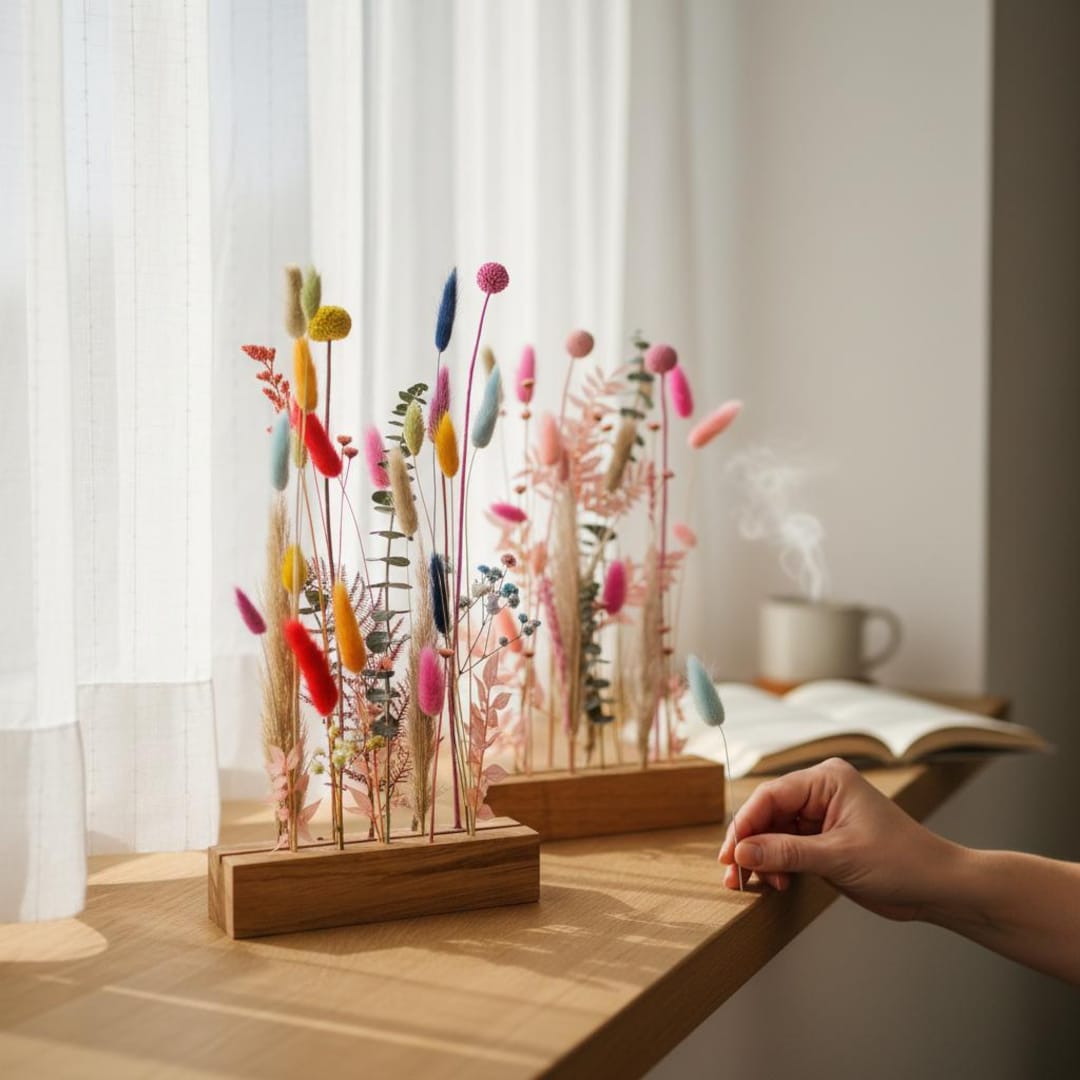 Blumenleiste mit Trockenblumen – Blumen Bar - Trockenblumen für Fensterbank - Blumenwiese in Eichenholz - Blumenbrett Tischgesteck haltbar