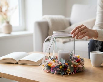 Glass lantern with dried flower wreath – candle with flower wreath – table decoration Lantern with dried flower wreath – table decoration candle – flower decoration