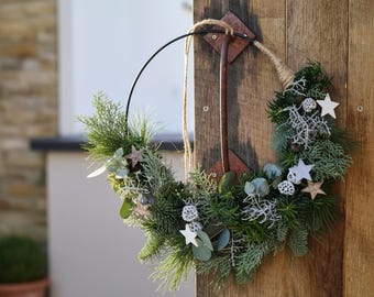 Hand-tied winter door wreath "fresh fir, conifer" - wreath with star - durable Christmas door decoration - Christmas wreath for front door