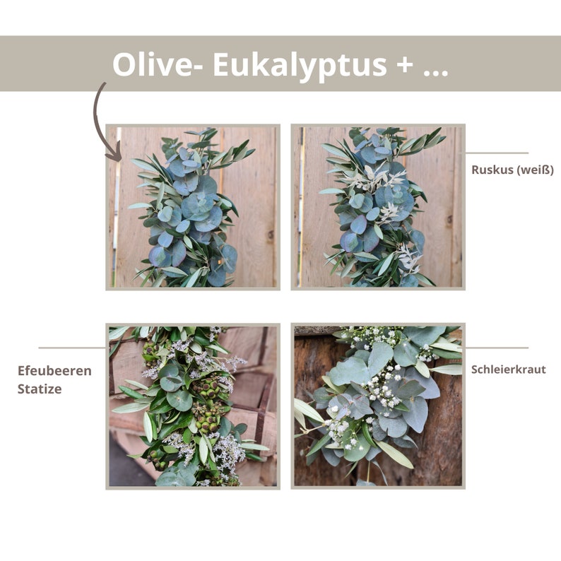 frische Tischgirlande, Brautgirlande, Autoschmuck Girlande grün, Autogirlande, Blumenschmuck für Tisch Eukalyptus und Olive, gebundene Hochzeitgirlande, Girlande Traubogen, frisch gebundene Girlande, Tischgesteck Hochzeit, Girlande freie Trauung