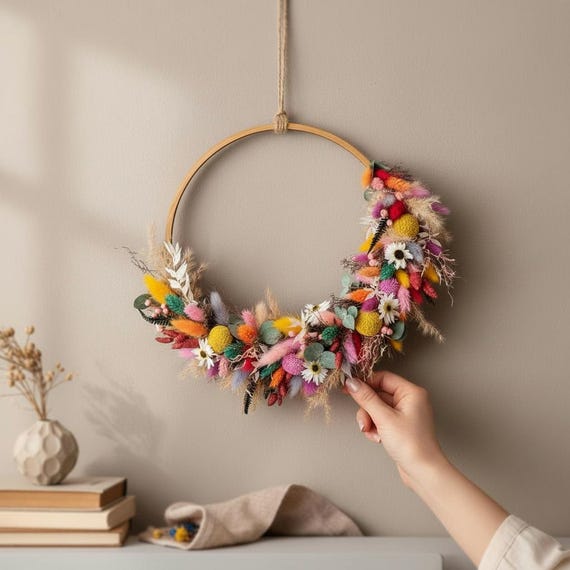 Trockenblumenkranz (DIY) bunt – Türkranz Trockenblume selber binden - Handgebundener Trockenblumen Kranz "Bambusring" - haltbarer Wandkranz