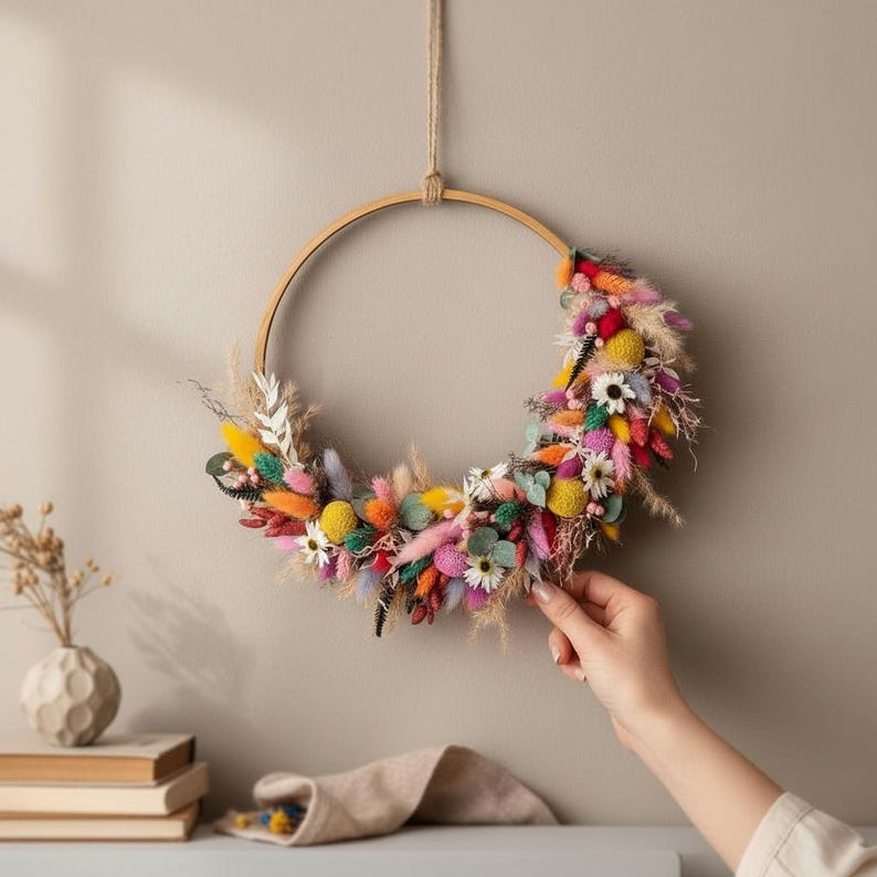 Trockenblumenkranz DIY, Trockenblumenkranz selbst gestalten, haltbarer Türkranz, Trockenblumenkranz bunt, Bambusring Kranz, ganzjähriger Kranz für Haustür, jahreszeitlicher Kranz, Kranz aus Trockenblumen, Geschenkset DIY Kranz, Kranz selbst binden