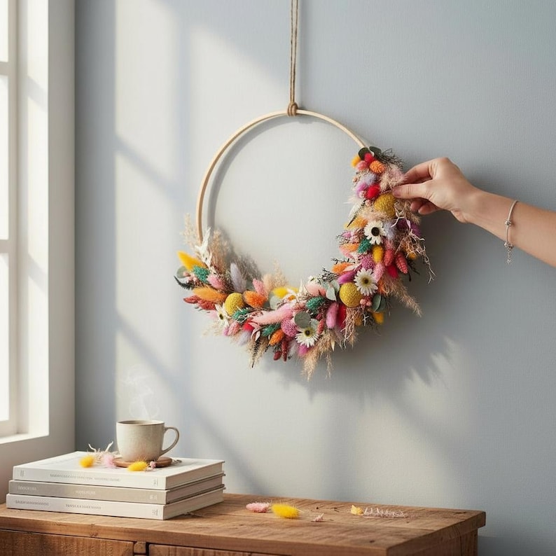 Trockenblumenkranz DIY, Trockenblumenkranz selbst gestalten, haltbarer Türkranz, Trockenblumenkranz bunt, Bambusring Kranz, ganzjähriger Kranz für Haustür, jahreszeitlicher Kranz, Kranz aus Trockenblumen, Geschenkset DIY Kranz, Kranz selbst binden