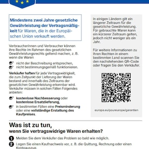 May include: An informational document titled GESETZLICHE GEW&Auml;HRLEISTUNG featuring a blue header with a European Union shield icon. The text outlines consumer rights regarding product warranties, includes a QR code, and lists steps for reporting defective goods.