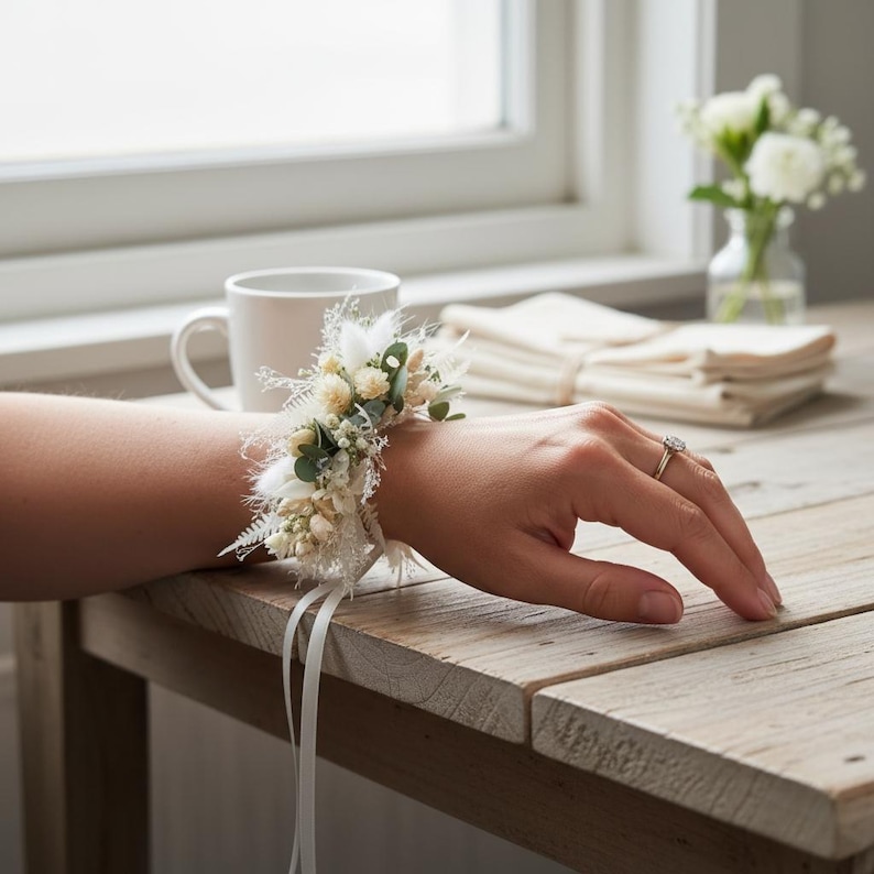 Trockenblumen Armand, Armband aus Trockenblumen, Blütenband für Handgelenk, Brautschmuck Blumenarmband, haltbares Blütenarmband, Armschmuck Braut Trockenblumen, Kränzchen für Handgelenk, Blumenarmband Kommunion, Armschmuck Kommunion