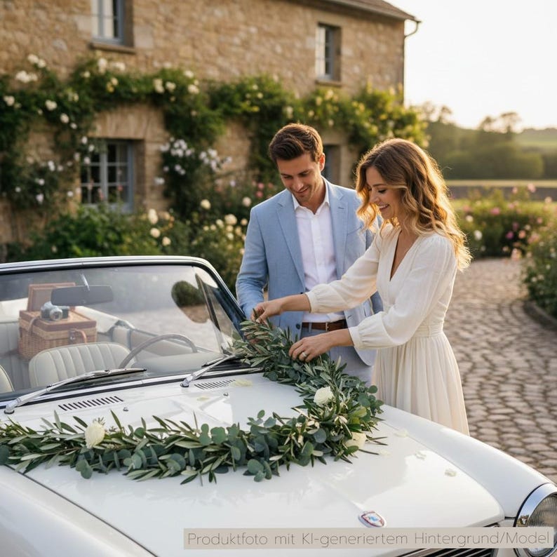 frische Tischgirlande, Brautgirlande, Autoschmuck Girlande grün, Autogirlande, Blumenschmuck für Tisch Eukalyptus und Olive, gebundene Hochzeitgirlande, Girlande Traubogen, frisch gebundene Girlande, Tischgesteck Hochzeit, Girlande freie Trauung