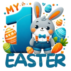 May include: A vibrant Easter-themed illustration. A cartoon bunny in dungarees stands beside a large blue number 1. The words "MY" and "EASTER" are also present. Easter eggs and carrots complete the design.