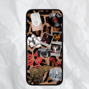 May include: A smartphone case featuring a leopard print background with a collage of images including a vinyl record labeled Play Me, silver balloons, a camera, red dice, red lips, a leopard, a martini glass, and a disco ball with Tap To RSVP.
