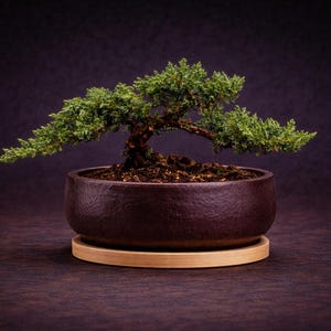 May include: A bonsai tree with green leaves and a brown trunk in a dark brown, round ceramic pot. The pot rests on a light brown, round wooden saucer. The background is a dark, textured purple.