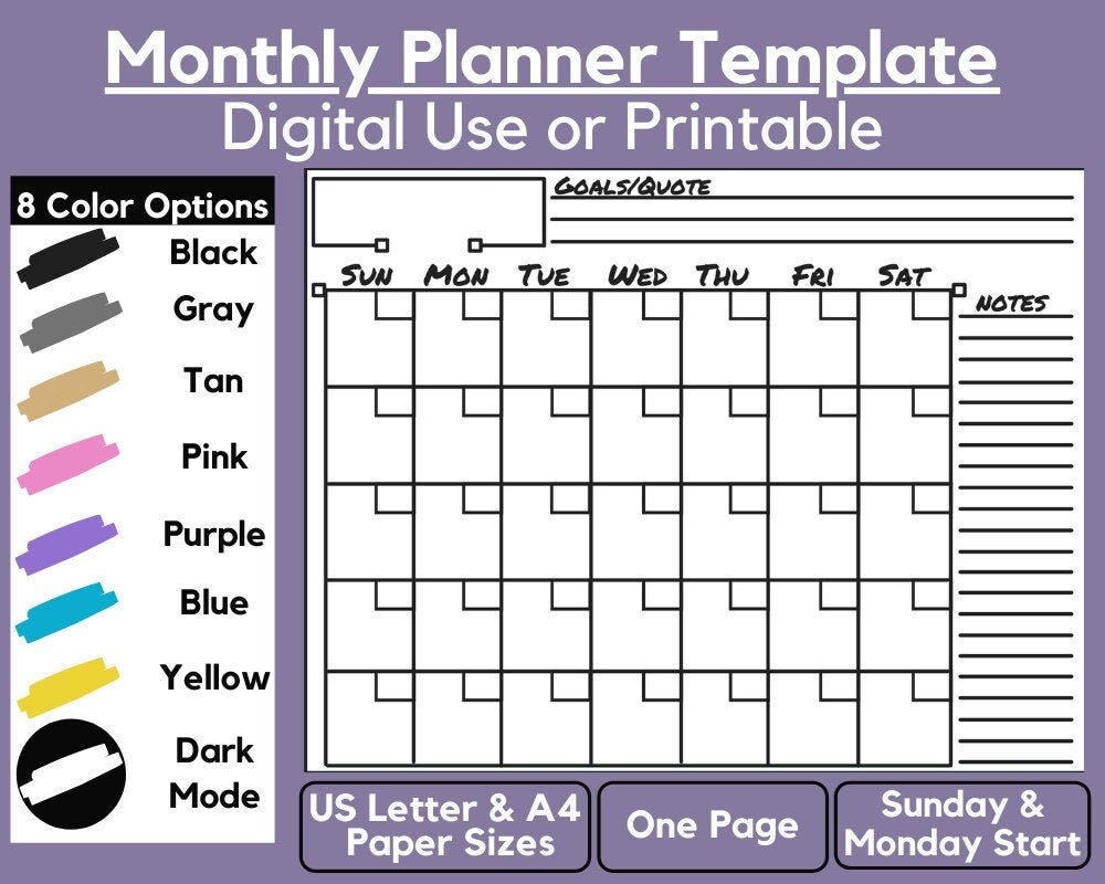 Horizontal Monthly Planner Template Blank One Page Etsy UK Horizontal monthly planner template blank one page etsy uk