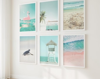 Turkoois en roze strandkunstprintset: kamerdecoratie tienermeisje kust