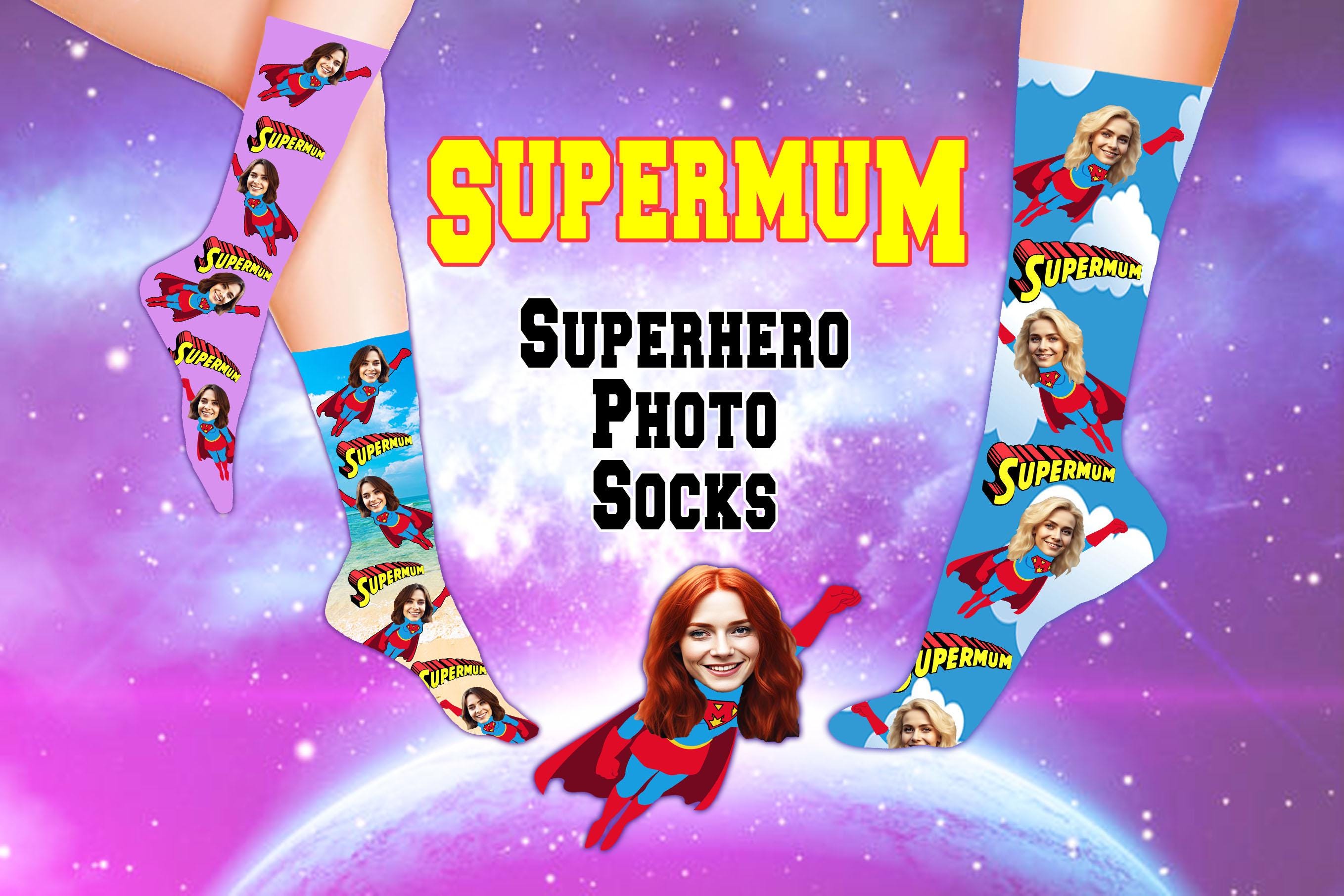 Super Mum Hero Photo Socks Personalised | SuperMum Logo | Custom Designs Mothers Day Birthday Christmas Gifts
